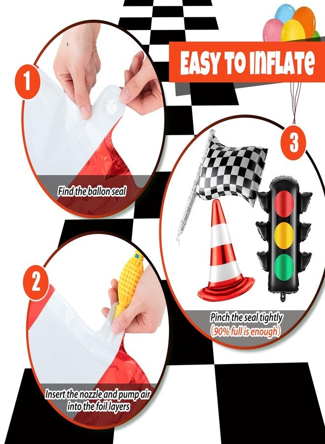 Charnoel 6 Pcs Race Car Birthday Party Decorations Set Traffic Light Balloons Traffic Cones White Checkered Foil Wheels Balloons for Race Car Transportation Baby Shower Racing Boy Birthday Supplies - Image 4